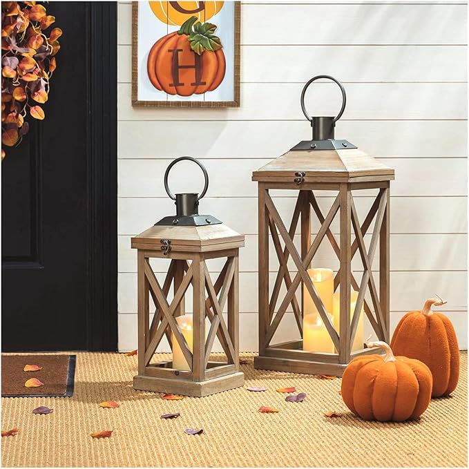 Glitzhome Mondern Farmhouse Wood Metal Lanterns Decorative Hanging Candle Lanterns Set of 2, Natural (No Glass)-Ruum Studio Home