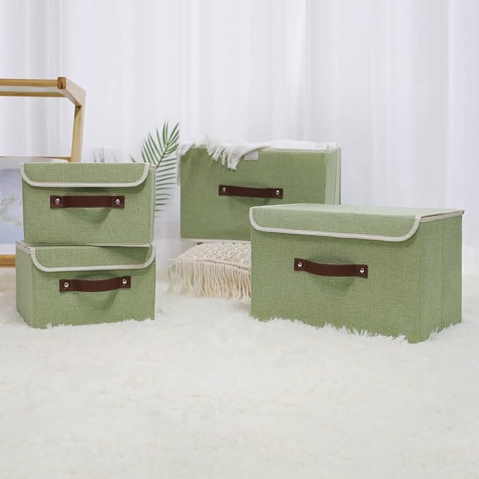 ANMINY 4PCS Storage Bins with Lid PU Leather Handles Storage Boxes PP Plastic Board Decorative Foldable Lidded Cotton Linen Fabric Home Cubes Baskets Closet Organizer Containers - Green, Large Size-Ruum Studio Home