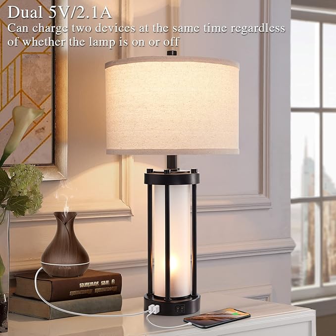 RORIA Set of 2 Modern Table Lamps for Living Room with 2 USB Ports, White Frosted Glass Nightlight for Bedroom, Contemporary Desk Lamps for Nightstand End Table Entryway, 4 Bulbs Included (Black)-Ruum Studio Home