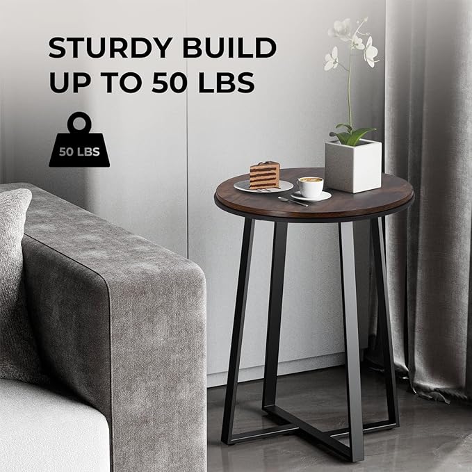 Side Table, Round End Table Vintage Brown Color MDF Top, Modern Coffee End Table for Living Room, Bedroom, Nightstand with Black Steel Frame for Small Spaces-Ruum Studio Home