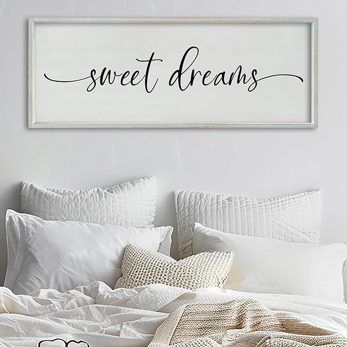 SRSZHIYUE Sweet Dreams Above Bed Wall Decor, 40"x15" Large Rustic Master Bedroom Over Bed Sign Guest Room Couples Wood Framed Farmhouse Horizontal Hanging Decoration (White)-Ruum Studio Home