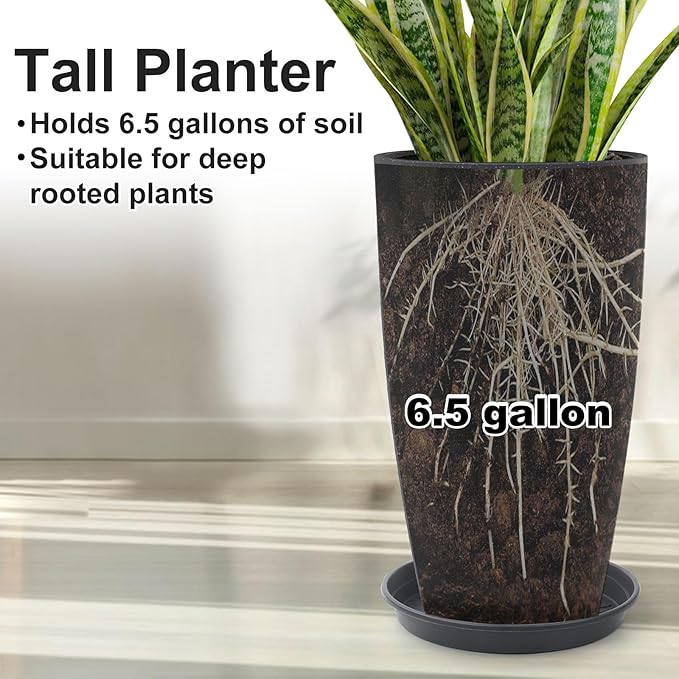 GameXcel Tall Flower Pot Indoor - Outdoor Plant Pot - Black Glossy Planter - Elegant Stone Imitation - 12" Diameter 21" Tall with Drainage Holes and Saucer 2Pack-Ruum Studio Home