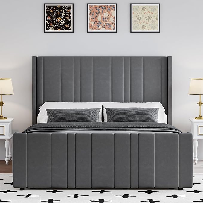 HOMBCK Queen Bed Frame Upholstered Bed with Velvet Headboard & Footboard, Vertical Channel Tufted Design/Wooden Slats/Noise Free/No Box Spring Needed/Easy Assembly, Grey-Ruum Studio Home