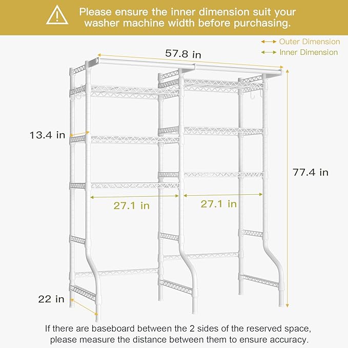 Ulif U13 Medium Over Washer and Dryer Storage Shelves, 6 Tiers Laundry Room Standing Shelf with 2 Hanger Rods, Space Saver Clothes Drying Rack, 57.8" W x 22" D x 77.4" H, White-Ruum Studio Home