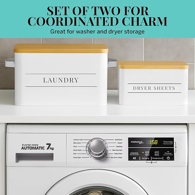 Metal Dryer Sheet Holder with Lid – Set of 2 Storage Bins for Laundry Room Organization & Home Decor – Classic White Metal Organizers and Containers with Lids - Sheet Organizers and Storage-Ruum Studio Home