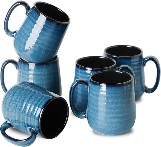 Hasense Porcelain Coffee Mugs Set of 6, 15 Ounce Large Ceramic Coffee Cups Set with Handle for Latte, Tea, Cocoa and Hot Chocolate, Blue Coffee Mugs for Men and Women, Microwave Safe-Ruum Studio Home