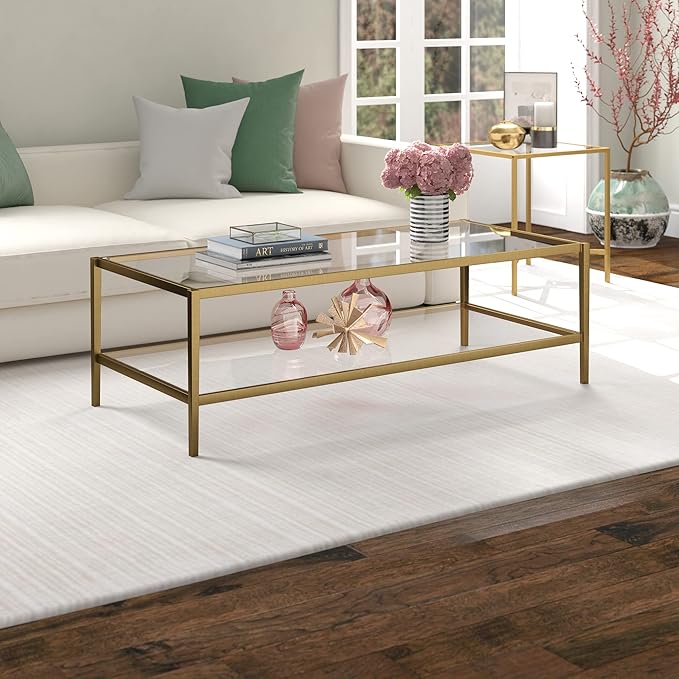 Henn&Hart 54" Wide Rectangular Coffee Table with Glass Shelf in Antique Brass, Modern coffee tables for living room, studio apartment essentials-Ruum Studio Home
