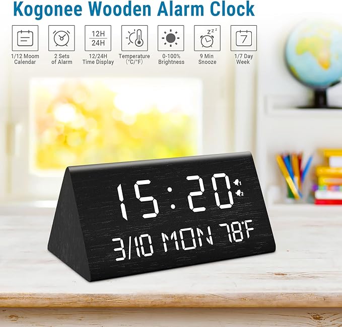 Kogonee Wooden Digital Alarm Clock, 0-100% Dimmer, 2 Alarm Settings, Weekday/Everyday Mode, 9 Mins Snooze, 12/24H, Temperature and Date Display for Office, Travel, Bedroom Alarm Clock (Black)-Ruum Studio Home