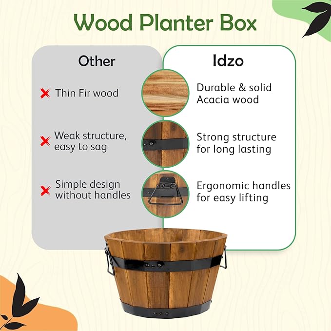 Idzo Set of 3 Wooden Flower Boxes Outdoor, Durable Acacia Wood Barrel Planters for Outdoor Plants with Ergonomic Handles, Drainage Holes, Multiple Sizes Wood Bucket Planter Light Brown-Ruum Studio Home