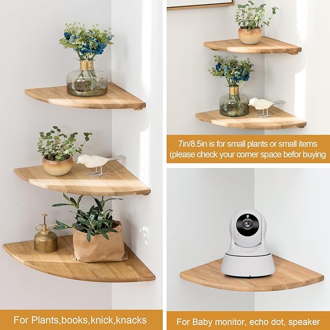 Corner Shelves, Floating Corner Shelf, Set of 3 Solid Oak Wood Corner Wall Shelves, Round End with Wire Hole Shelving for Small Plant for Bedroom Kitchen, Living Room (Size 9/10/12in)-Ruum Studio Home