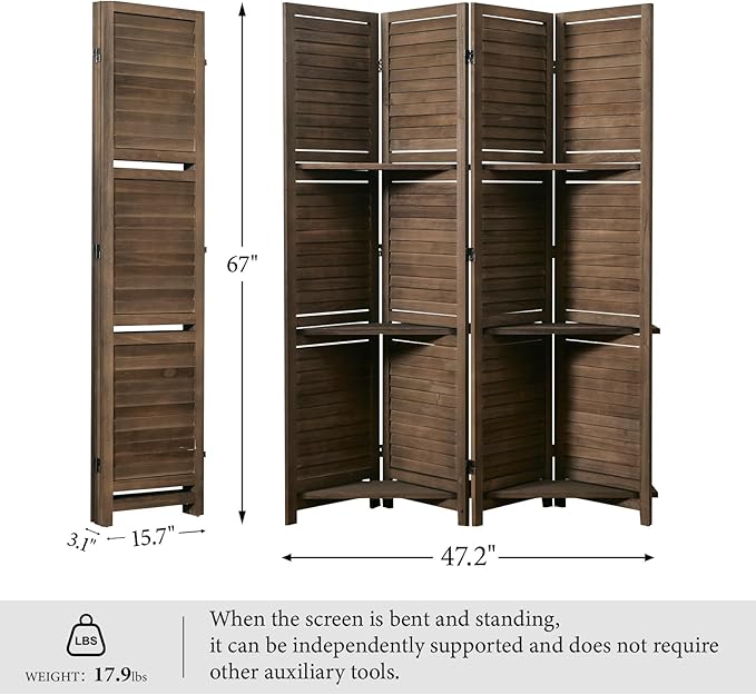 Room Divider with Shelves, 5.6 Ft Tall Folding Wood Screen with Double Hinges for Home Office Bedroom Hotel Decoration (4 Panels, Brown)-Ruum Studio Home