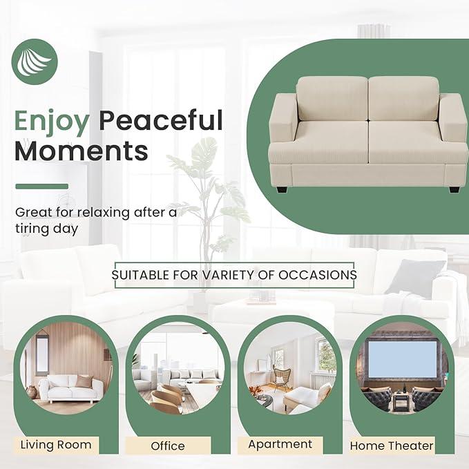 89" White Corduroy Sofa for Living Room, 3 Seater Cloud Couch, Deep Seat Floor Couch for Bedroom, Futon Modern Sofa Bed, White Corduroy-Ruum Studio Home
