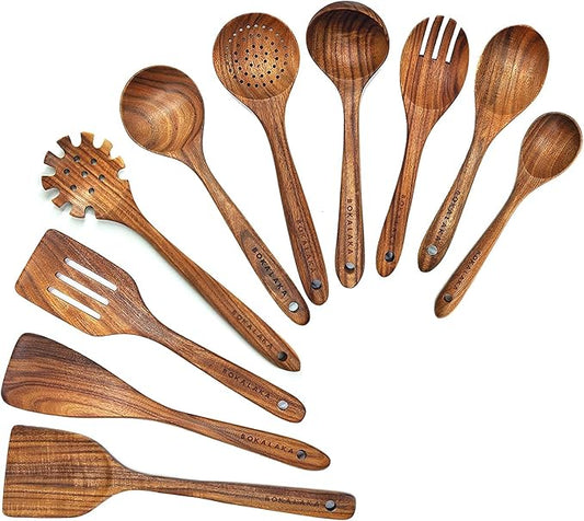 Wooden Spoons for Cooking,10 Pcs Natural Teak Wooden Kitchen Utensils Set Wooden Utensils for Cooking Wooden Cooking Utensils Wooden Spatulas for Cooking-Ruum Studio Home