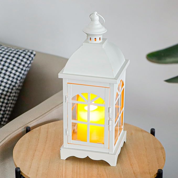 TRIROCKS Decorative Vintage Candle Lanterns 14.5" H Farmhouse Outdoor Hanging Lanterns with Tempered Glass for Porch, Balcony, Patio, Home, Centerpieces, Indoor, Outdoor(White)-Ruum Studio Home