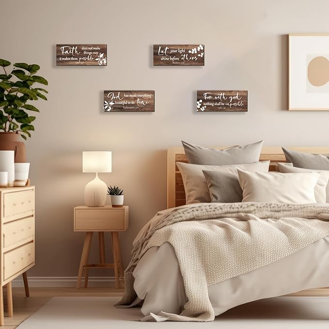 FENCORDAR 4 Pieces Brown Wall Decor Bible Verses Bathroom Decor Wooden Farmhouse Office Christian Wall Art Religious Art for Women Office Home Bedroom Living Room Decor(Brown 10x4)-Ruum Studio Home