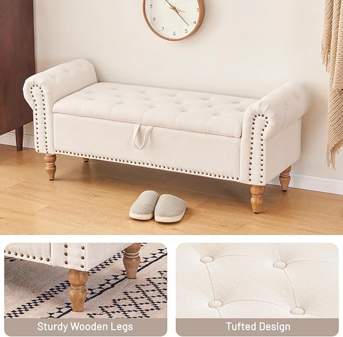 Furniliving 51” Storage Benches, End of Bed Bench with Button-Tufted Large Upholstered Storage Ottoman Linen Window Bench with Storage Shoe Cabinet Bench, for Bedroom, Entryway, Closet, Beige-Ruum Studio Home
