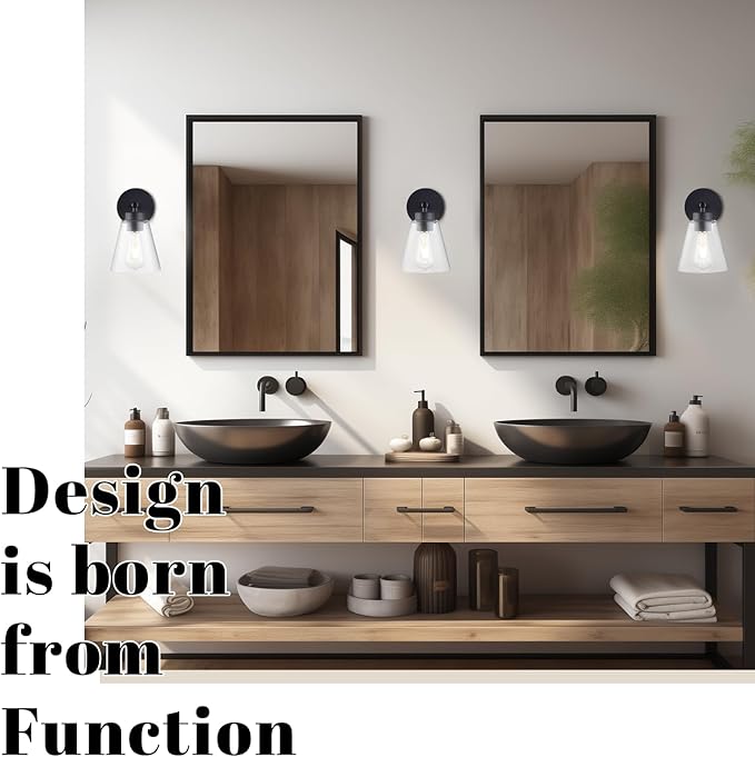 Hamilyeah Black Bathroom Sconces Wall Lighting, Farmhouse Wall Sconces Set of 2, Industrial Black Sconces with Clear Glass Shade for Living Room, Kitchen, Hallway-Ruum Studio Home