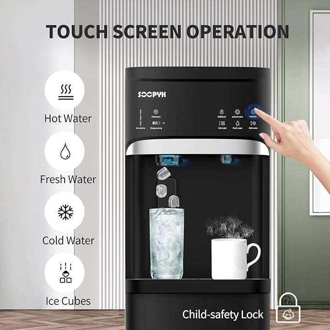 Self Cleaning Hot and Cold Bottom Load Water Cooler Dispenser with Ice Maker for 5 Gallon 3 Temperature Settings 22lbs Daily Capacity Black-Ruum Studio Home