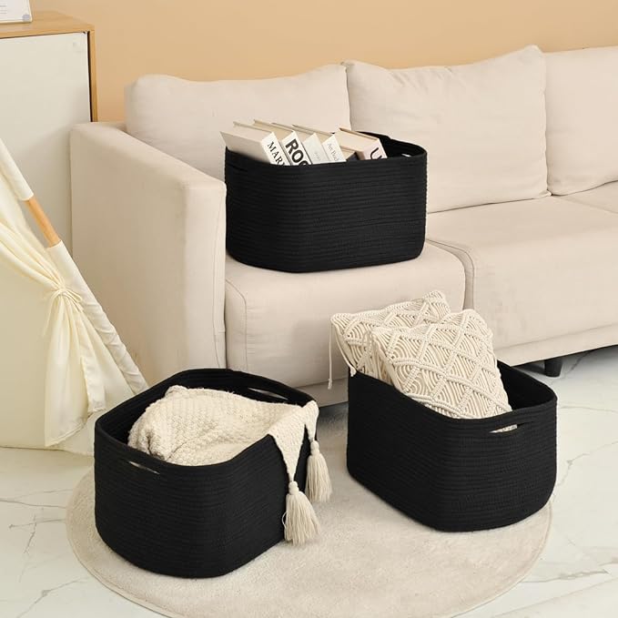 Large Storage Baskets for Organizing Shelves, Woven Cotton Rope Bins for Baby Nursery Organization, Book Toy Towel Organizer, 17"x13"x9.5", 3 Packs, Black-Ruum Studio Home