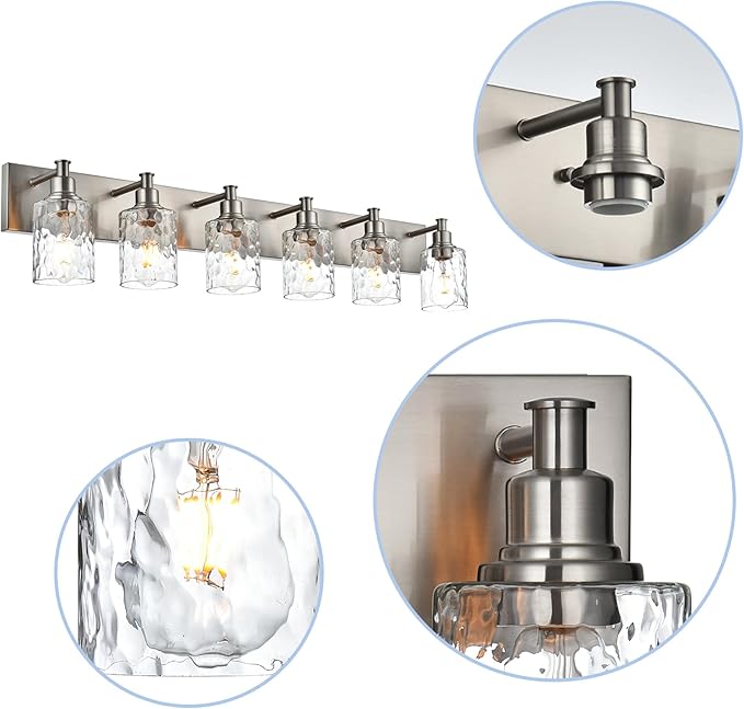 BONLICHT Vanity Light Fixture Brushed Nickel 6-Light Modern Farmhouse Wall Sconce Bathroom Lighting with Hammered Glass Industrial Wall Mount Lights for Kitchen Dining Room Cabinet Corridor-Ruum Studio Home
