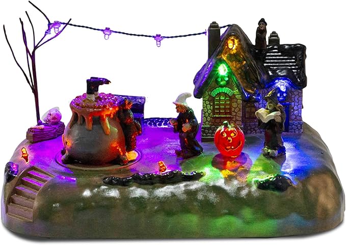 Halloween Village Witch Cauldron Bubble Figurine with Lit House Spooky Town Indoor Decoration Accessories for Holiday Display, Battery Operated-Ruum Studio Home