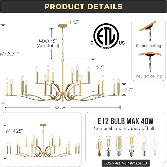 18 Light Gold Living Room Chandelier High Ceiling Foyer Candle Chandelier Large Modern Brass 59in Metal Chandeliers Hanging Light for Master Bedroom Dining Room Light Fixture Over Table-Ruum Studio Home