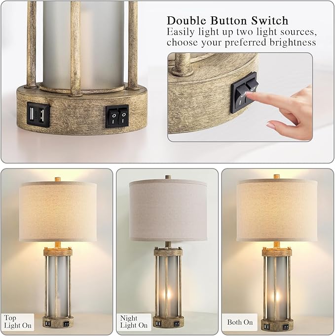 Farmhouse Table Lamps Set of 2 for Living Room, Vintage Bedroom Nightstand Lamp with Dual USB Ports, Bedside Lamp with Frosted Glass Nightlight for End Table Entryway, 4 Bulbs Included (Earthy Gray)-Ruum Studio Home