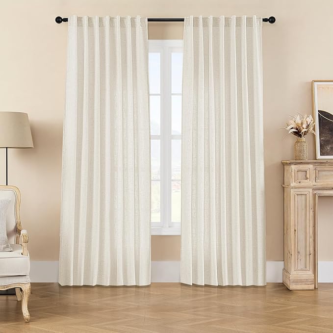 Joydeco Linen Curtains 2 Panel Set, Ivory on Linen Curtains 96 Inch Long, Light Filtering Drapes for Living Room, 70 Inches Wide Drapes with Rod Pocket Back Tab (96" L x 70" W, Ivory on Linen)-Ruum Studio Home