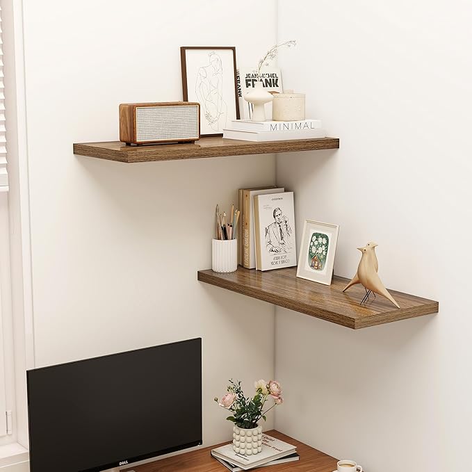 32" Floating Shelves for Wall, 12" Deep Slim Walnut Floating Shelves, Wall-Mounted Shelves for Bedroom, Living Room, Kitchen, Bathroom - Set of 2-Ruum Studio Home