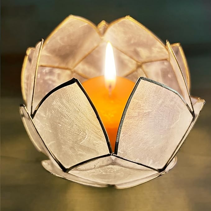 Blooming Lotus Capiz Shell Tealight Candle Holder, Handcrafted Decorative Tea Light Candleholder with Translucent Flower Petals for Ambient Illumination and Natural Elegance, Natural-Ruum Studio Home