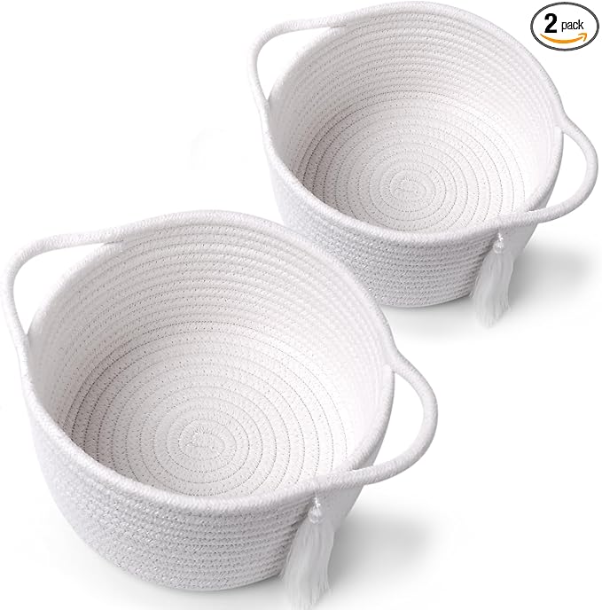Empty Gift Basket Mini Woven Rope Organizer Baskets for Baby Shower, Vanity, Makeup, Bathroom, Tiny Toys, Desk - Small Decorative Storage Bins - Set of 2, Pre-Shaped, White-Ruum Studio Home