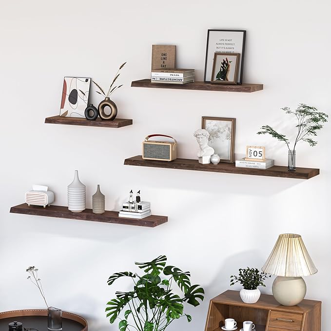 Floating Shelves for Wall, 55"x9.3" Rustic Solid Live-Edge Elm Wood Wall Shelves, Heavy-Duty Floating Shelves with Invisible Brackets, Set of 2 for Living Room, Bedroom, and Kitchen, Walnut Finish-Ruum Studio Home