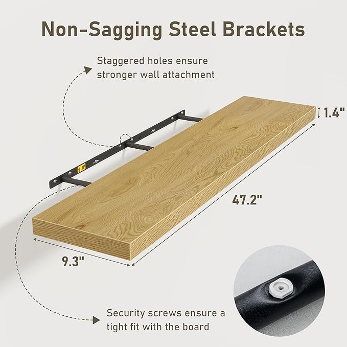 Floating Shelves Wall Shelf 48 Inch, 9.3 Inch Deep Floating Shelf for Wall, Farmhouse Black Wood Shelves Invisible Bracket for Living Room, Bedroom, Kitchen, 48 x 9.3 x 1.4 Inch, Set of 2, Oak Color-Ruum Studio Home