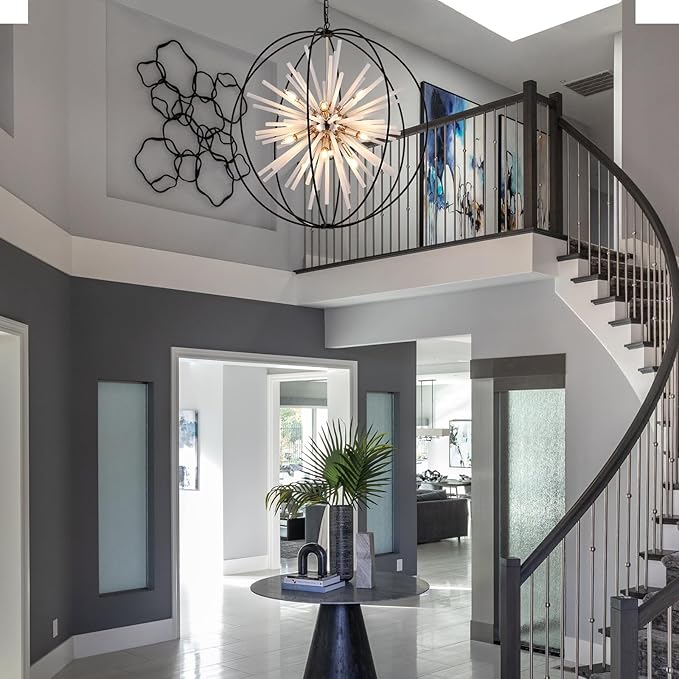 31.5" Black Gold 16-Light Globe Sputnik Chandelier Modern Industrial Adjustable Hanging Ceiling Pendant Light Fixture for Entryway Foyer Stairway Dining Living Room Hallway-Ruum Studio Home