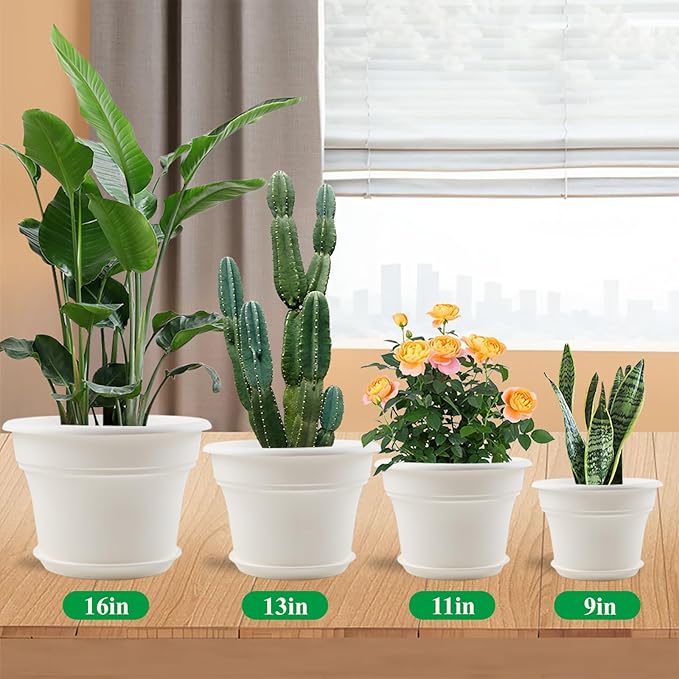 11 Inch Plastic-Flower-Pot-for-Indoor-Plants, 4 Pack Large Outdoor Planter Pot with Drainage Holes & Saucers, Resin Decorative Garden Pots Planters-Ruum Studio Home