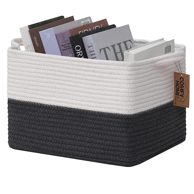 COMFY-HOMI Cotton Rope Woven Basket with Handles for Shelves,Toys,Book, Cloth Storage Baskets Bin for Organizing-13.5"x11"x9.5" Toy Decorative Organizer for Living Room, Bathroom-White/Dark Grey-Ruum Studio Home
