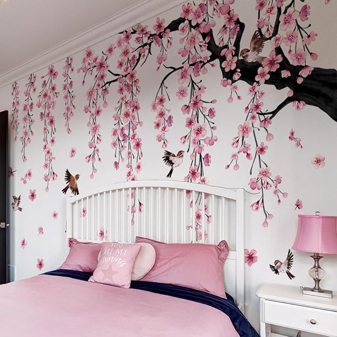 Runtoo Large Cherry Blossom Tree Wall Decals Peel and Stick Pink Floral Wall Art Stickers for Living Room Bedroom Nursery Flower Decor-Ruum Studio Home