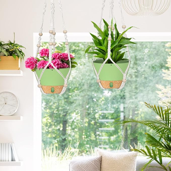 ZMTECH 2 Pack 10 Inch Hanging Planters with Macrame Plant Hanger for Indoor and Outdoor Plants, Self Watering, Drainage Hole, Visible Level Tray, Green-Ruum Studio Home