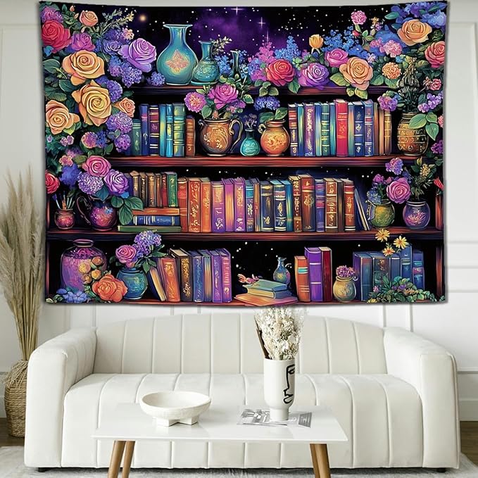 keowhsf Pink Purple Flower Bookshelf Wall Tapestry Colorful Tapestries for Bedroom Aesthetic Floral Tapestry Wall Hanging Cute Girl Bedroom Decor-Ruum Studio Home