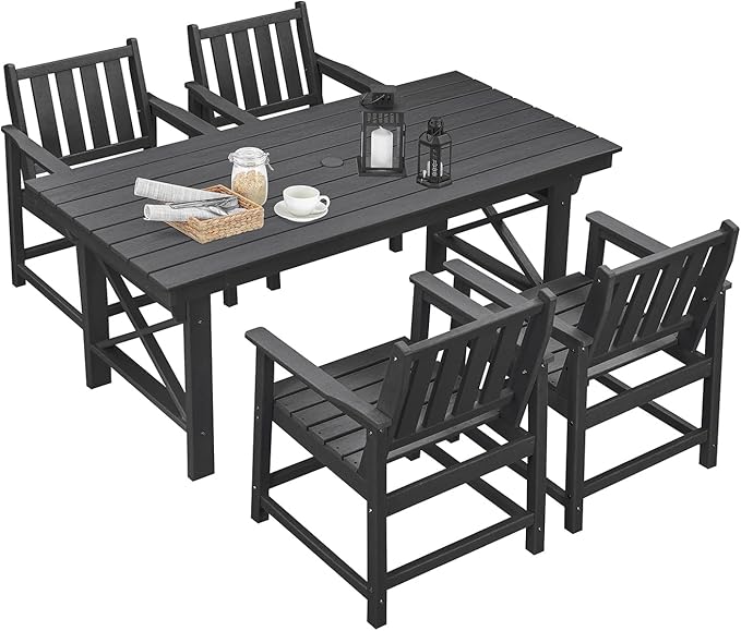 HDPE Patio Dining Set, 5-Piece Outdoor Table and Chairs with Umbrella Hole, Modern Outdoor Dining Set for 4, HDPE Outdoor Patio Furniture Dining Sets for Deck, Poolside, Porch, Obsidian-Ruum Studio Home
