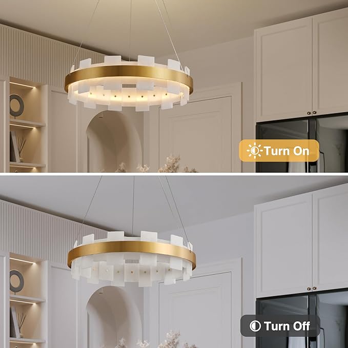 20" Natural Spanish Alabaster Round Chandelier, Adjustable Large Chandeliers for Living Room Over Table, Modern Luxury Alabaster Stone Chandelier for Drawing Room, Bedroom, Hallway, Foyer-Ruum Studio Home
