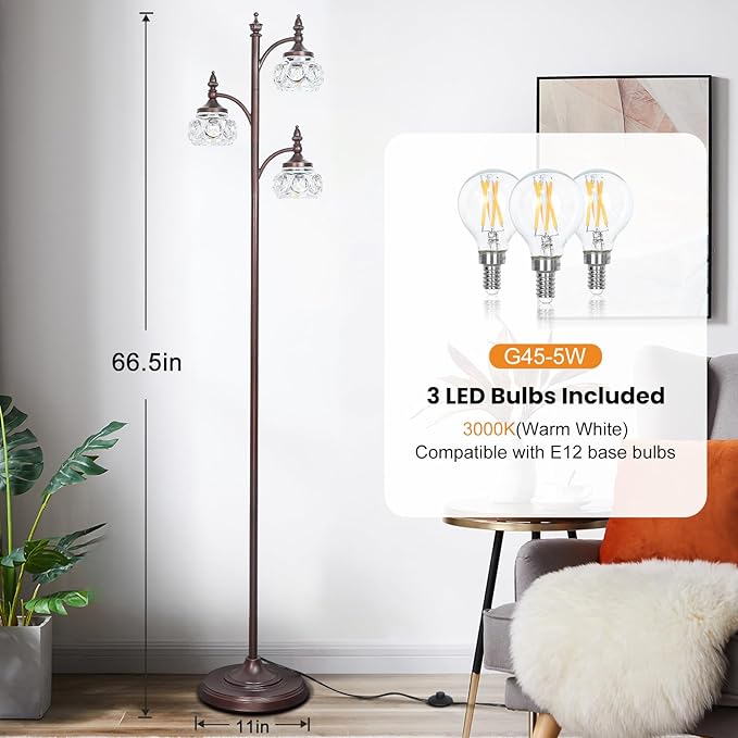 Brown Tree Floor Lamps for Living Room 66.5'' Standing Lamp with 3 Rotatable Lights Glass Shade Modern Lamp for Living Room Bedroom Office(3LED Bulbs Included)-Ruum Studio Home