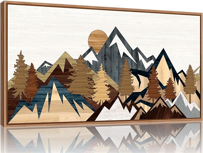SIGNINART Large Mountain Framed Canvas Wall Art, Boho Sunrise Wilderness Wall Decor, Vintage Forest Nature Artwork, Modern Farmhouse Woodcut Style Art Prints for Living Room Bedroom, Office 20"x40"-Ruum Studio Home