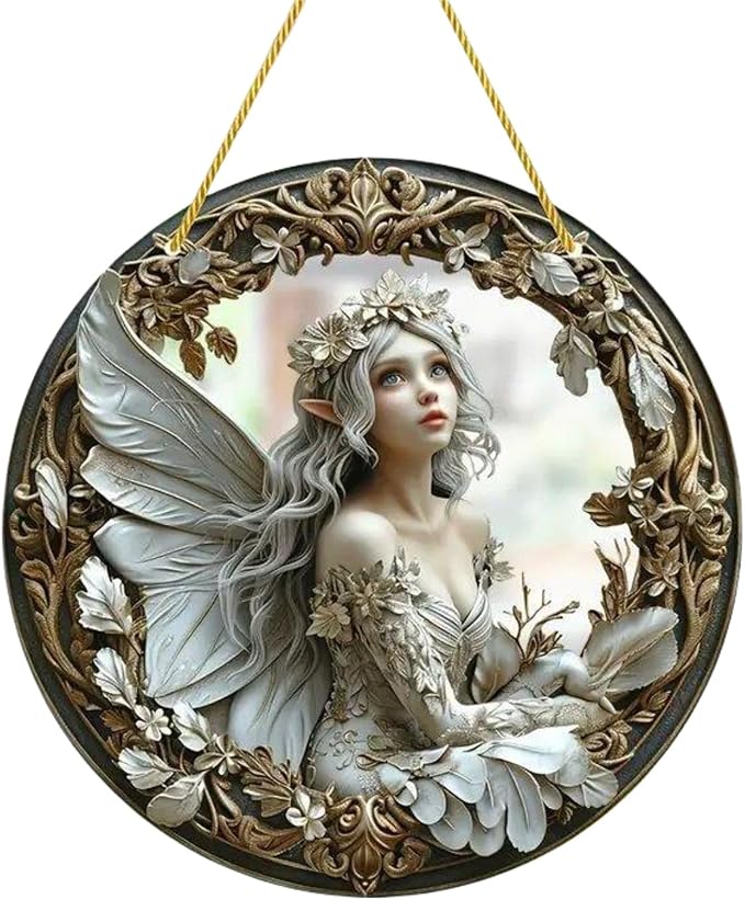 Flower Fairy Garden Decorations Angel Wing Christmas Halloween Deco Statue Art Elf Sculpture Hanging Craft for Outdoor Yard Courtyard Lawn Patio Window Acrylic Ornament Home Gift (D,L: 8*8 IN)-Ruum Studio Home