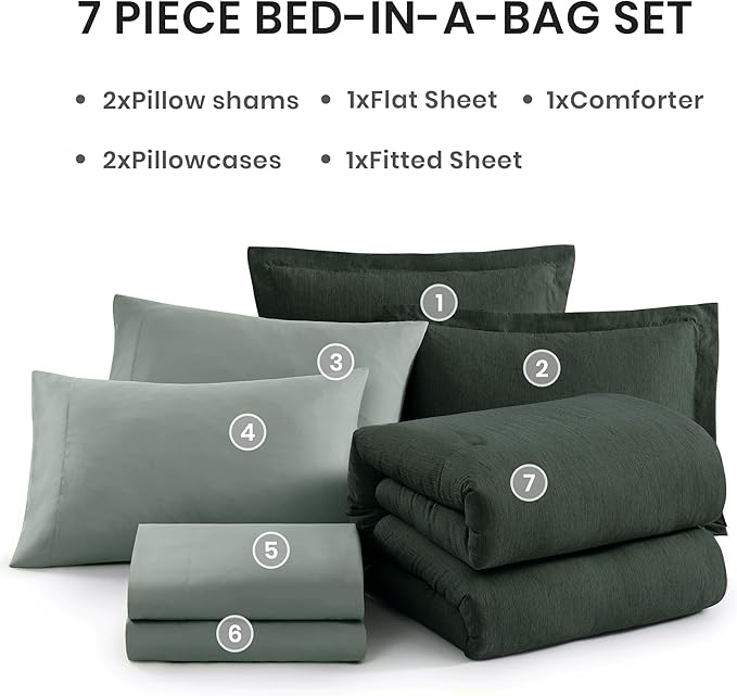 Monbix Queen Comforter Set - 7 Pieces Cationic Dyeing Deep Forest Bed in a Bag Queen Bedding Sets with Comforter, Sheets, Pillowcases & Shams, Reversible Bedding Comforters Sets-Ruum Studio Home