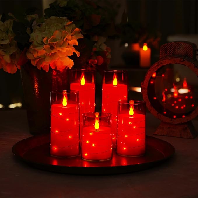 Homemory Acrylic Flameless Candles with Embedded Star String Fairy Lights, Battery Operated Candle, LED Candles, Fake Candles with Remote Control and Timer, Red, Set of 5(H4 5" 6" 8" 8")-Ruum Studio Home