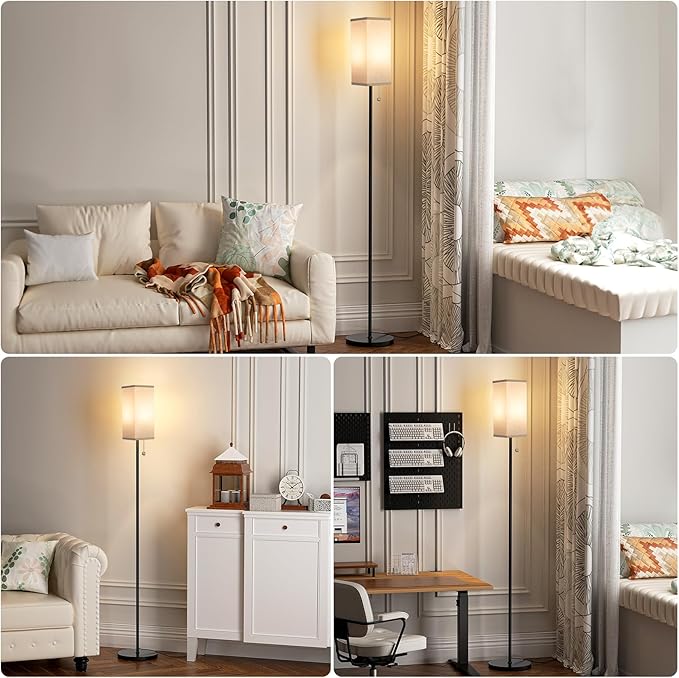 Ambimall Floor Lamp with 3 Color Temperatures Bulb & Pull Chain Switch, 64" Standing lamp, Beige Square Shade & Black Pole-Ruum Studio Home