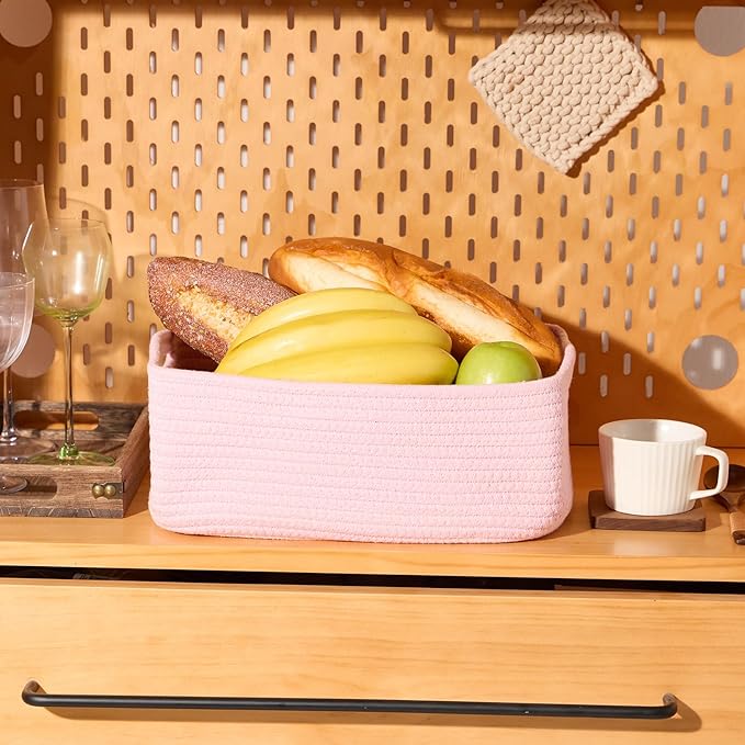 Small Storage Baskets for Organizing | Closet Organizer Bins | Shelf Toy Basket | Woven Rope Baskets | Cube Decorative Box | Shallow Basket | 13x8.5x5.1” | 3 Packs Pink-Ruum Studio Home