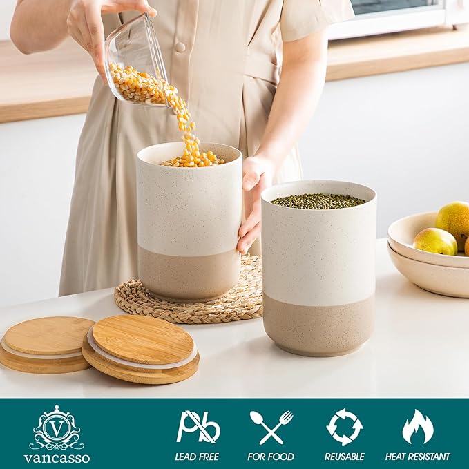 vancasso Sabine Large Ceramic Canister Set with Airtight Wood Lids - 2-Piece Kitchen Food Storage Jars for Flour, Sugar, Coffee & Tea (74 oz Each) - Big Capacity Countertop Jars-Ruum Studio Home