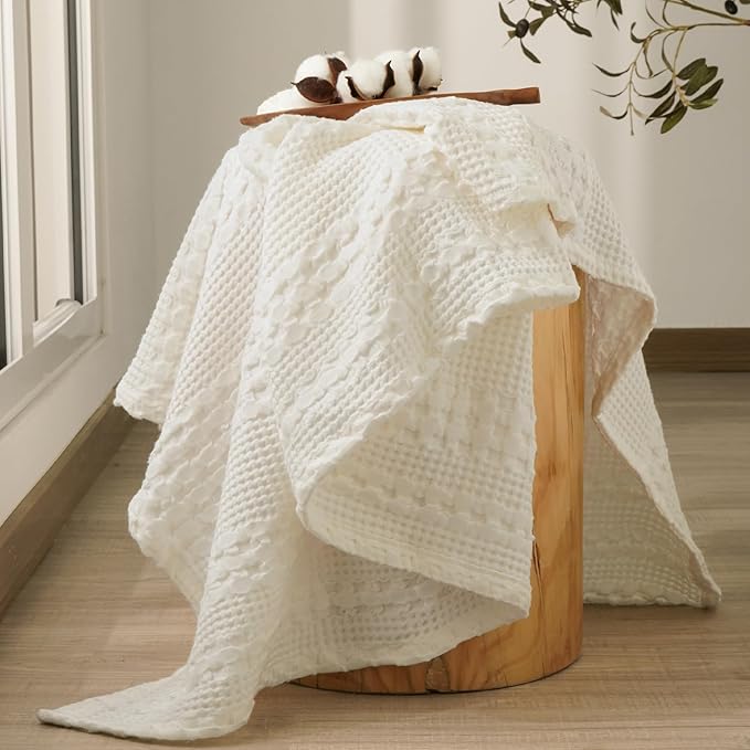 PHF 100% Cotton Waffle Weave Throw Blanket, Soft Lightweight Breathable Cozy Summer Throws for Couch Bed Sofa, Luxury Aesthetic Woven Blanket for Home Decor & Office, 50"x60", Ivory-Ruum Studio Home